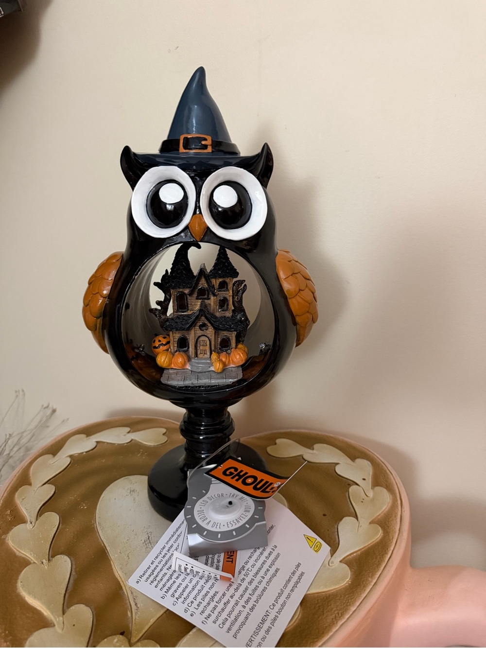 Ghoulish Resin Halloween Light Up Owl with Haunted House
